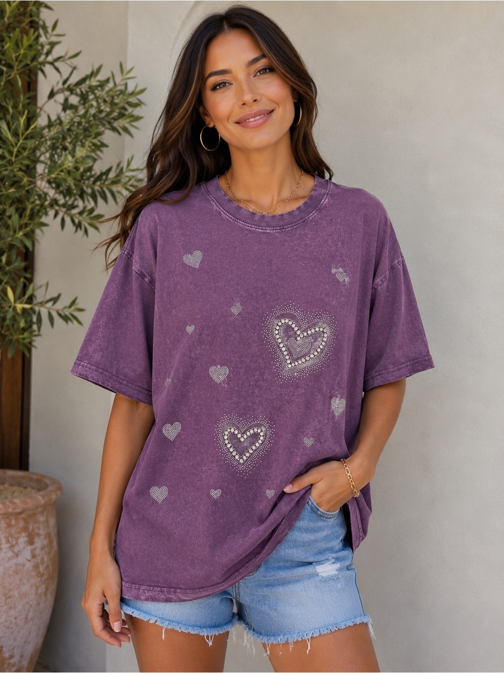 Mineral Washed Purple Heart Rhinestone Short Sleeve Tee
